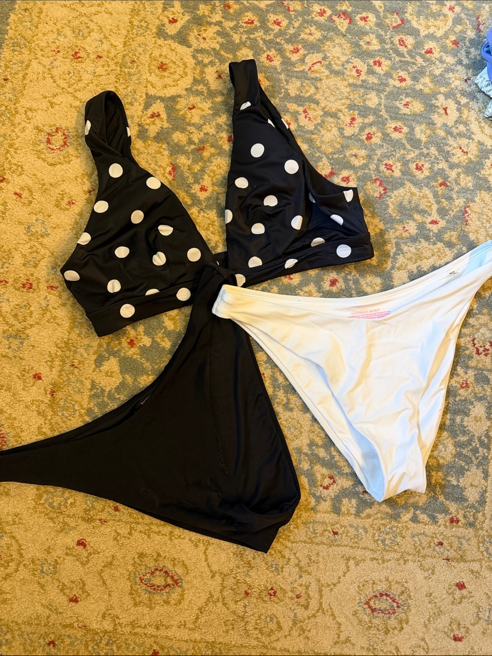 Black & White Polka Dot Bikini Top with Solid Black and White Bottoms